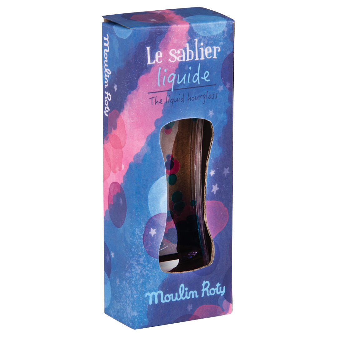 Verpakking van de Moulin Roty vloeibare zandloper met blauw-roze design en tekst "Le sablier liquide".