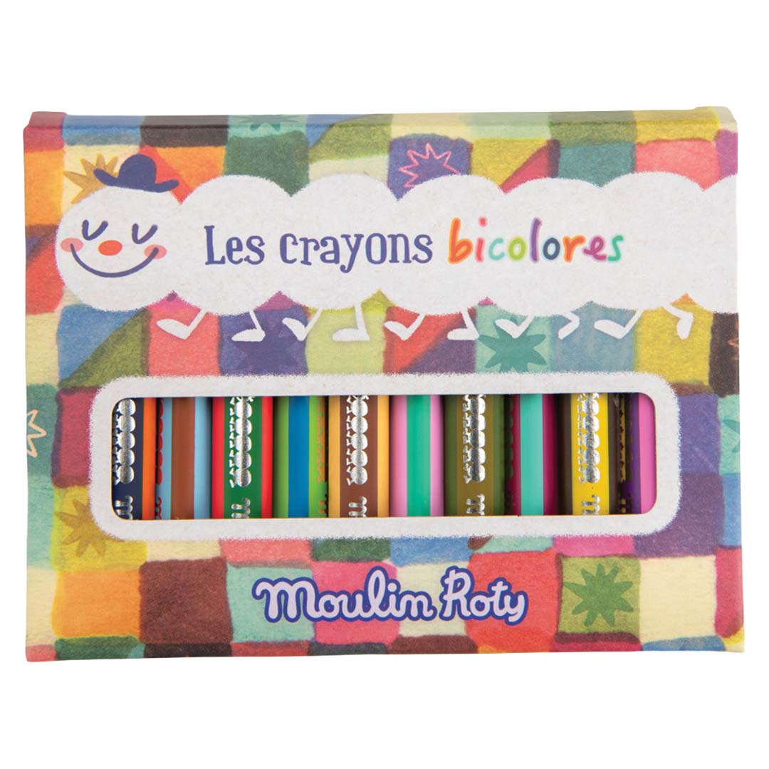 Verpakking van Moulin Roty meerkleurige potloden met een vrolijk patroon en de tekst 'Les crayons bicolores'.
