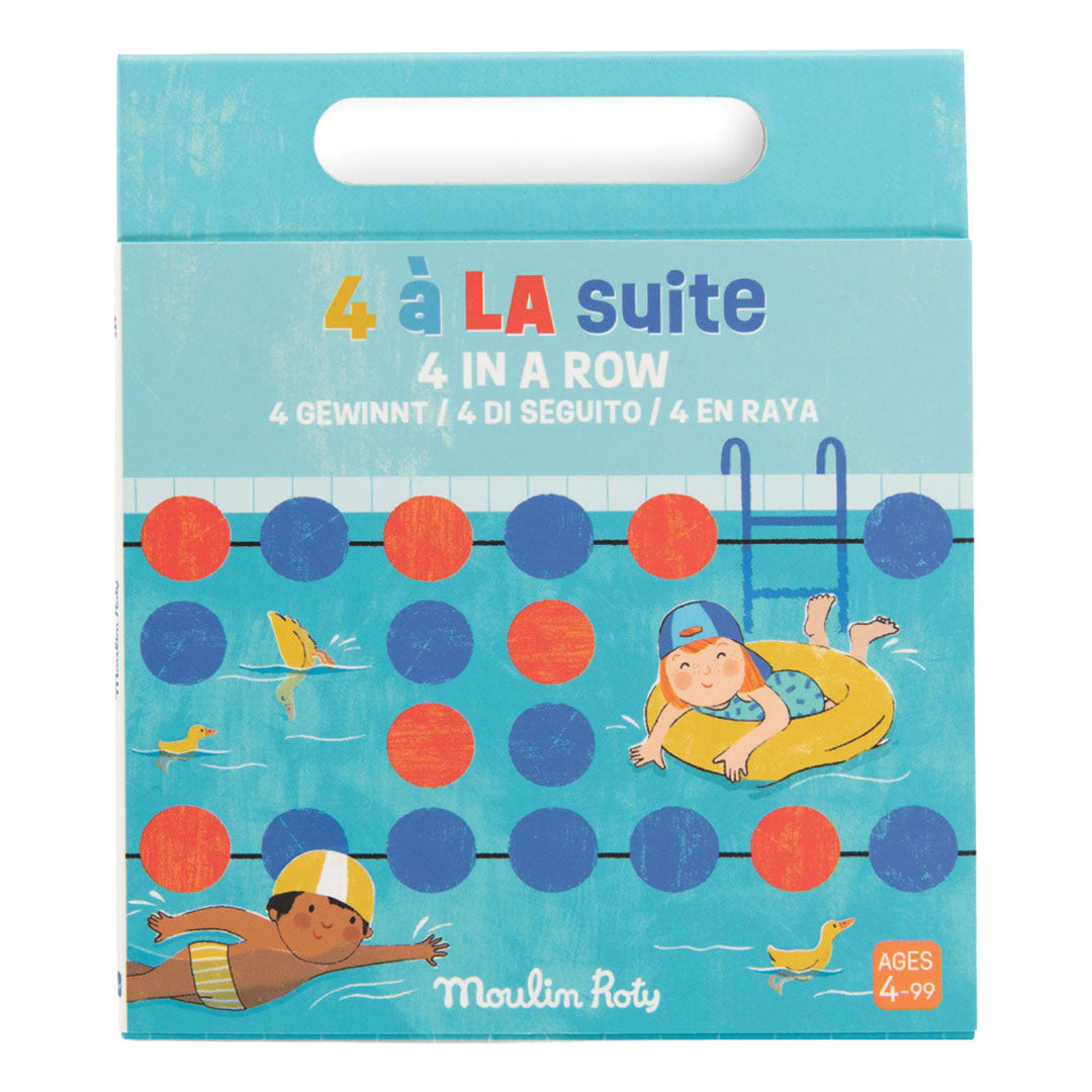 De verpakking van het Moulin Roty magnetisch 4-op-een-rij bordspel met zwembadthema.