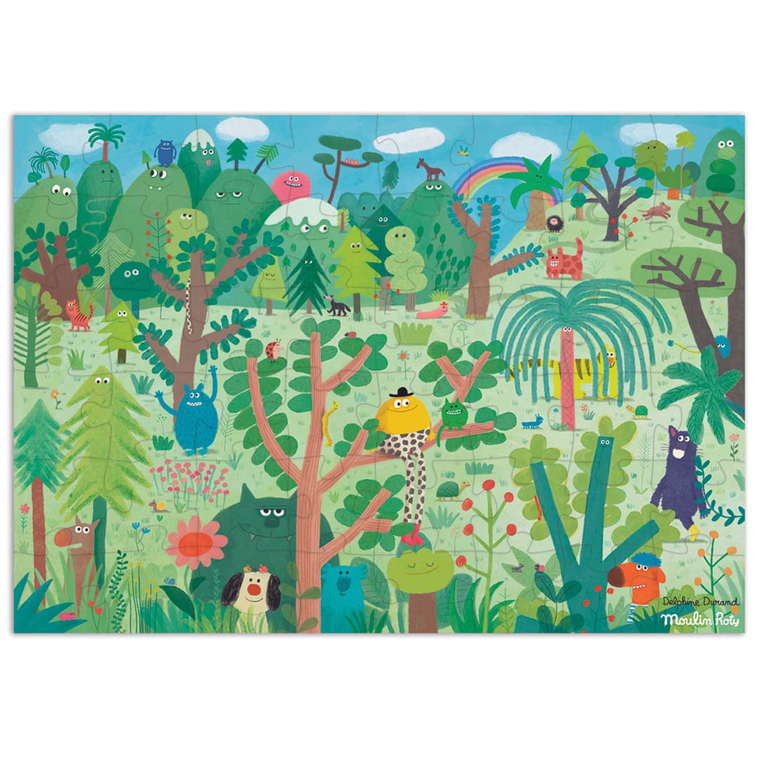 De complete Moulin Roty legpuzzel 'Prachtige aarde' met 48 stukjes toont een kleurrijk landschap met fantasiedieren en een regenboog.