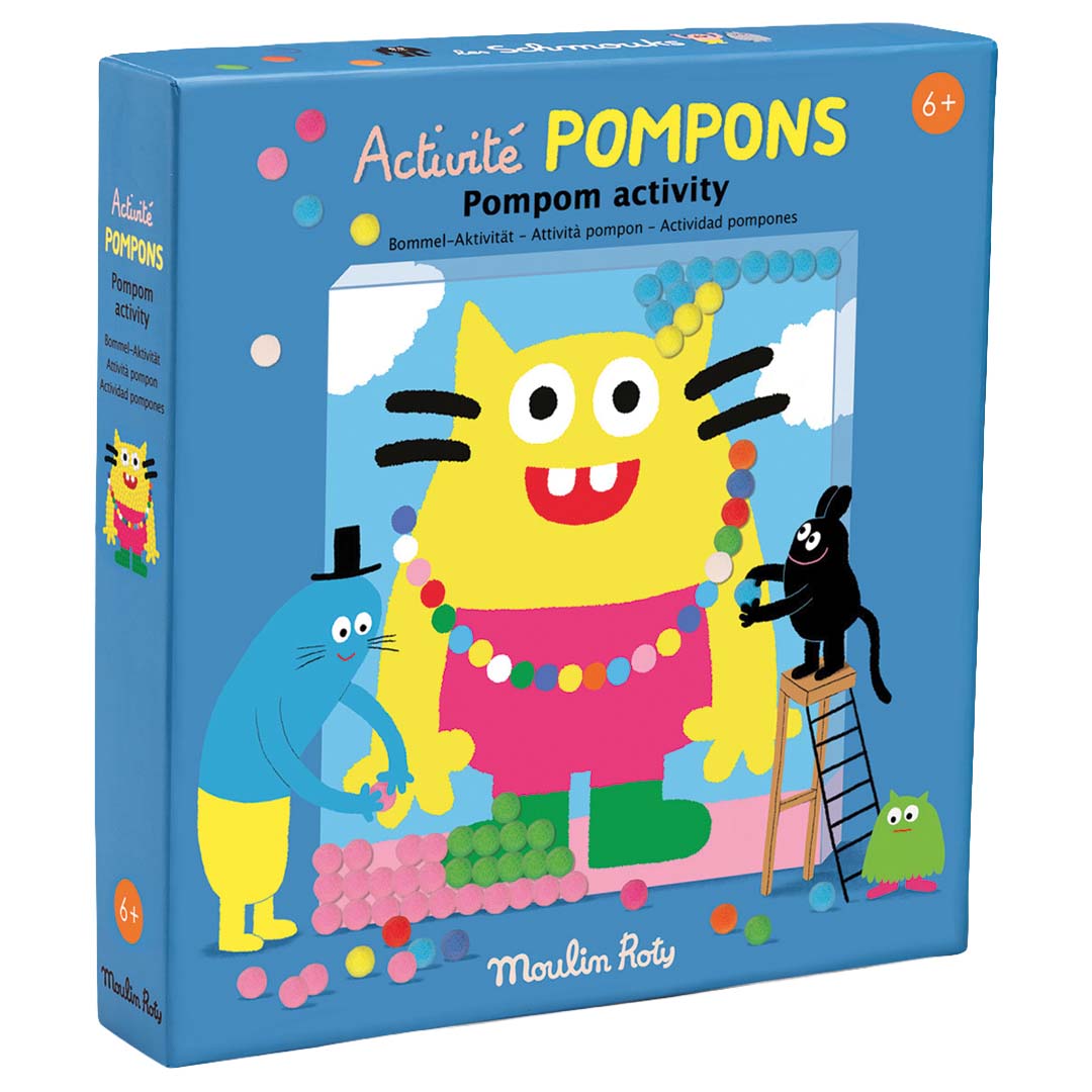 Moulin Roty knutselset pompoms verpakking met vrolijke monsterfiguren die een geel monster versieren.