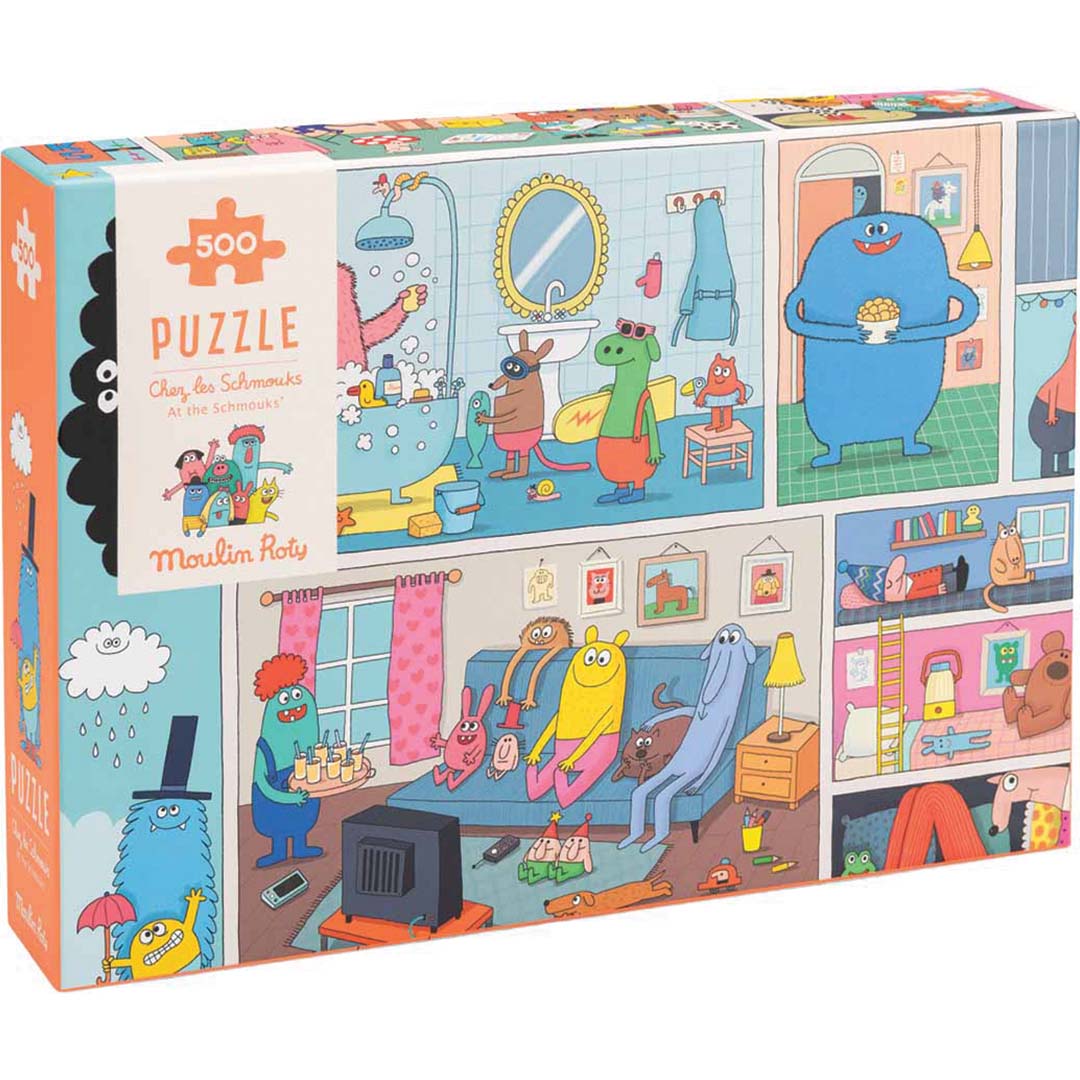 Schuine weergave van de Moulin Roty puzzelverpakking met een illustratie van monsters in een huis.
