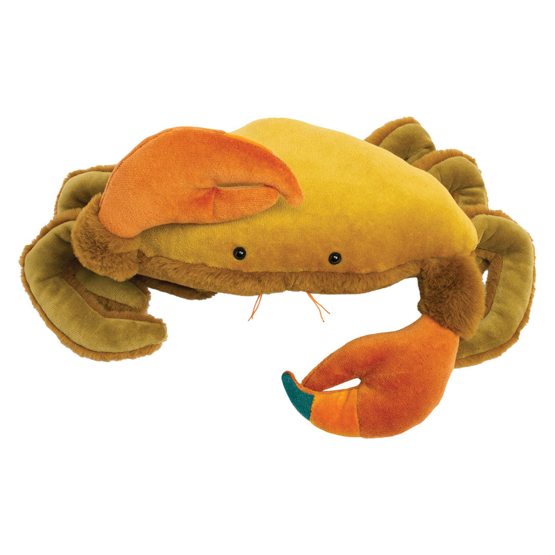 Moulin Roty pluchen krab knuffel in geel en oranje, schuin van voren gefotografeerd.