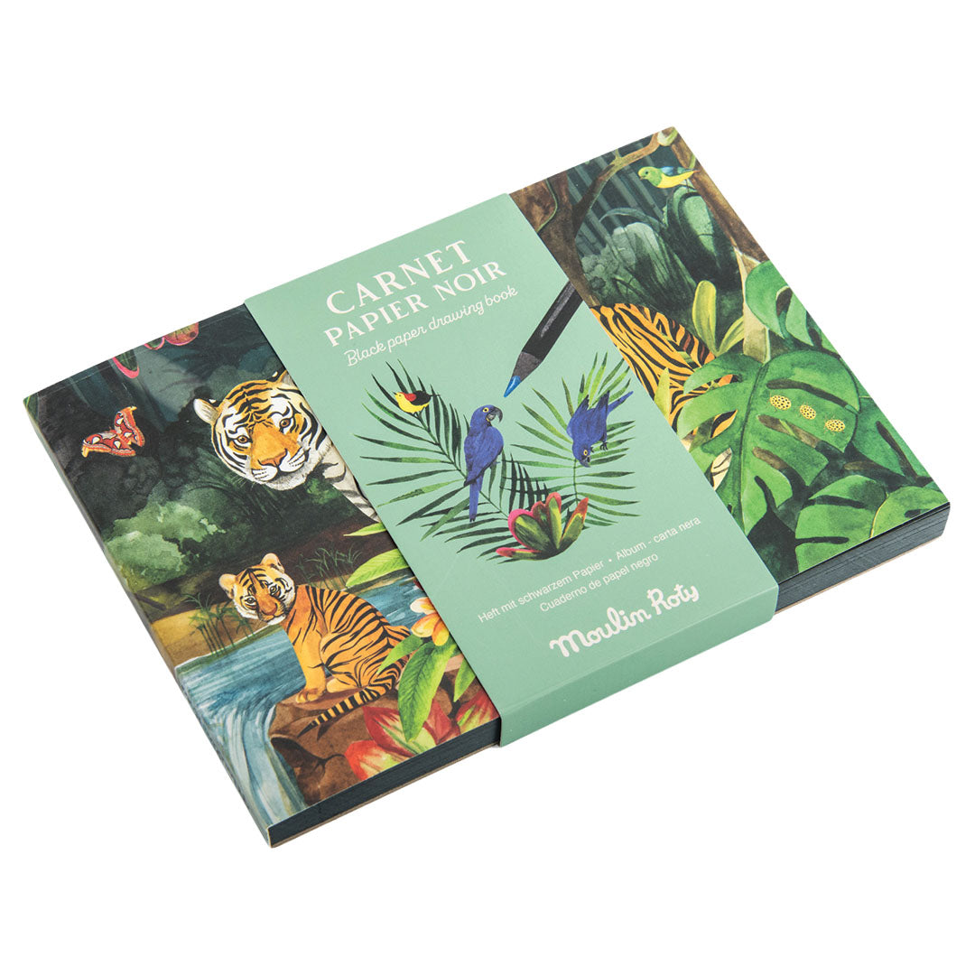 Moulin Roty schetsboek met jungle-thema en tijgers, met een papieren band eromheen.