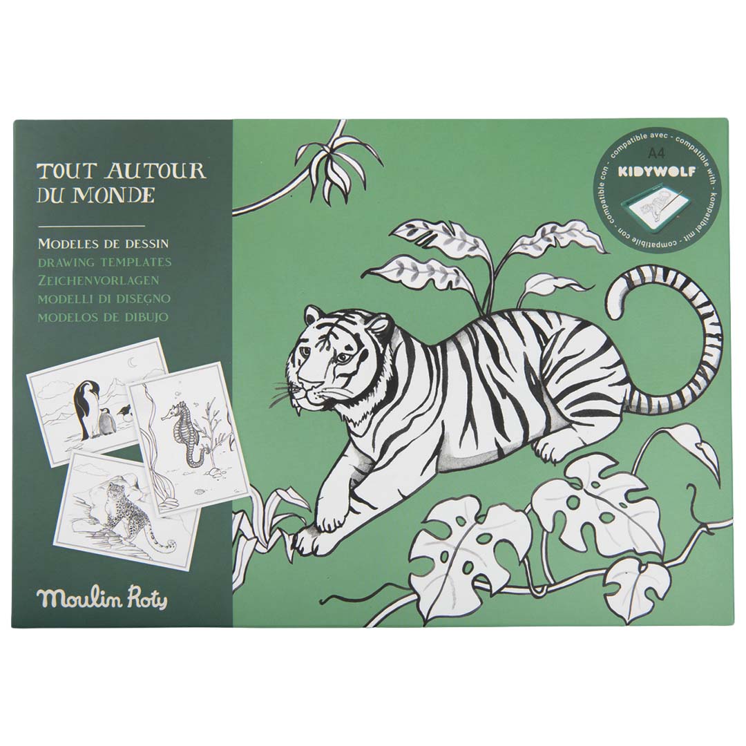 Groene verpakking van de Moulin Roty tekensjablonen voor tekenbord, met een tijger en bladeren.