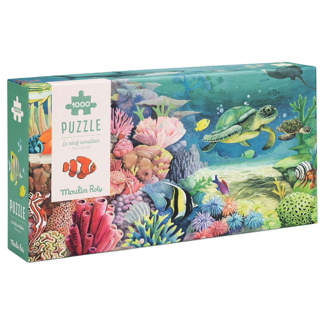 Verpakking van de Moulin Roty 1000-delige koraalrif legpuzzel.