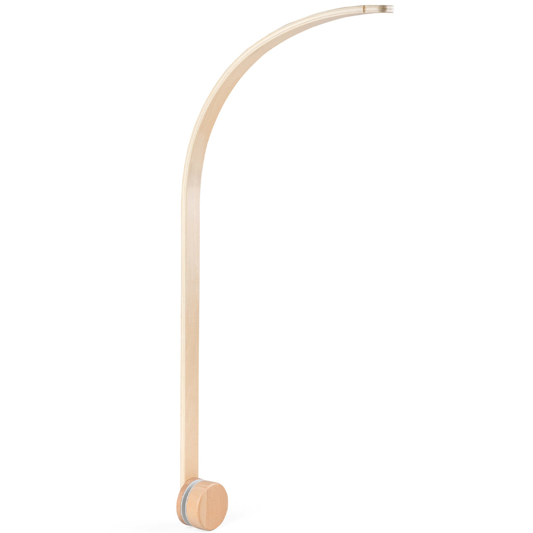 Sebra houten mobielhouder, een gebogen houten arm met een ronde bevestigingsklem.