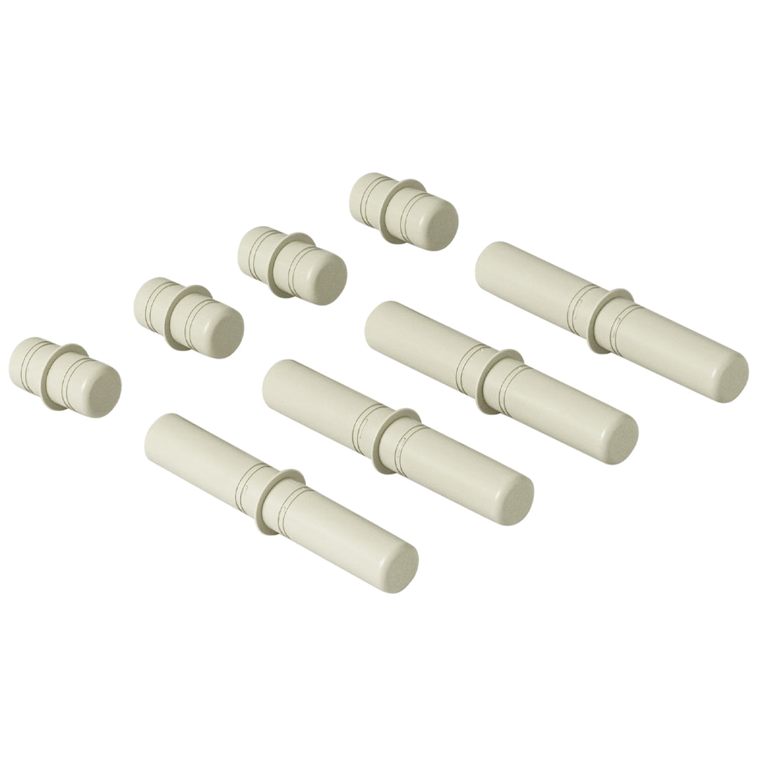Modu verbindingspinnen, een set van acht dusty green plastic bouwstukken in verschillende lengtes.