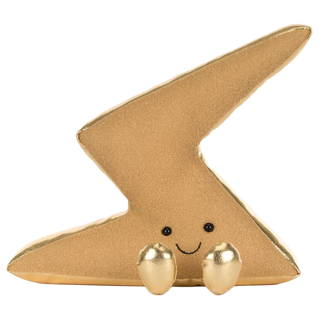 Vooraanzicht van de Jellycat pluchen bliksemschicht knuffel met gezichtje.