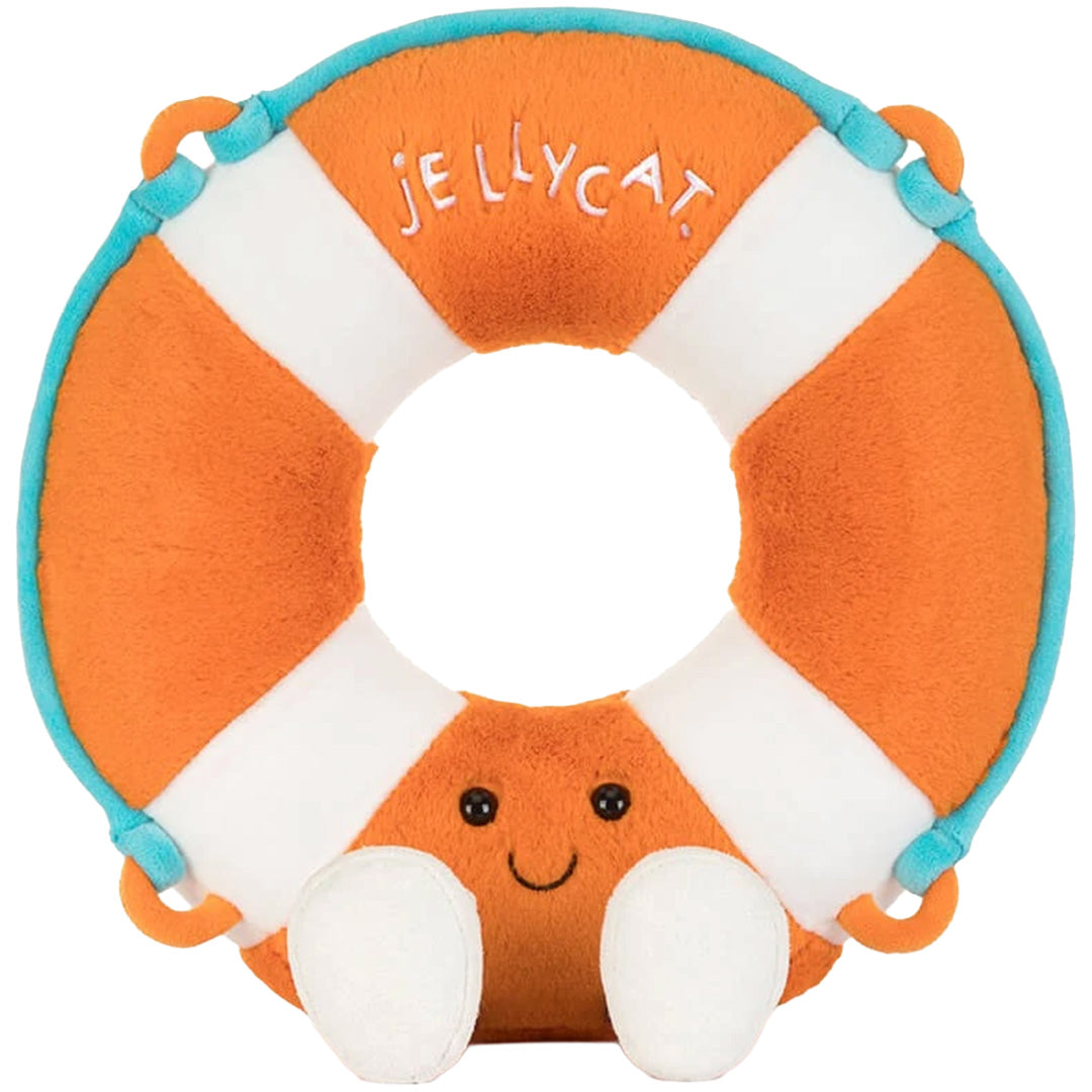 Jellycat pluchen knuffelboei met oranje en witte strepen, een lachend gezichtje en kleine voetjes.