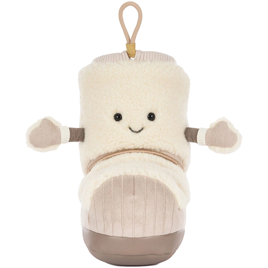 Jellycat Amuseable pluchen sneeuwlaars met lachend gezicht en armpjes, recht van voren.
