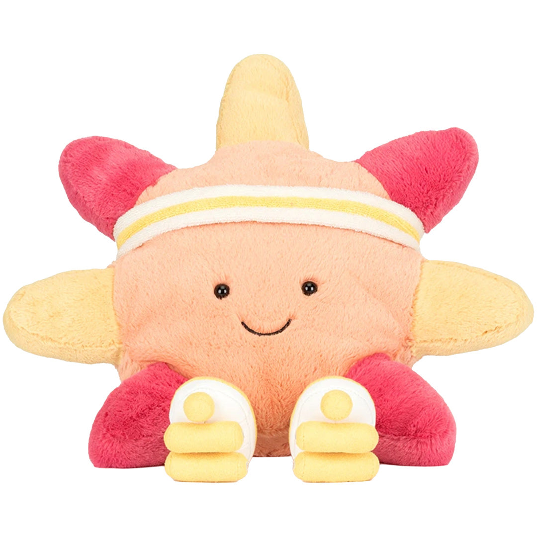 Jellycat pluchen knuffelzon met hoofdband en rolschaatsen, van voren gezien.