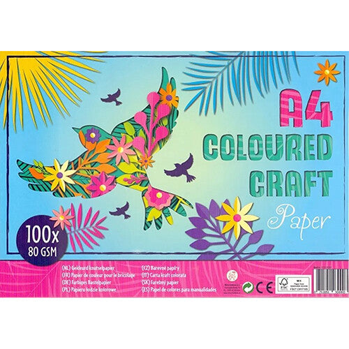 Verpakking van A4 knutselpapier met een kleurrijk tropisch design van een vogel en bladeren.