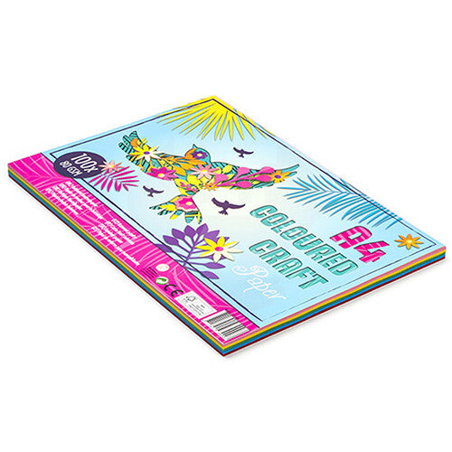 Schuine weergave van een stapel A4 knutselpapier met een kleurrijke tropische print op de bovenste vel.