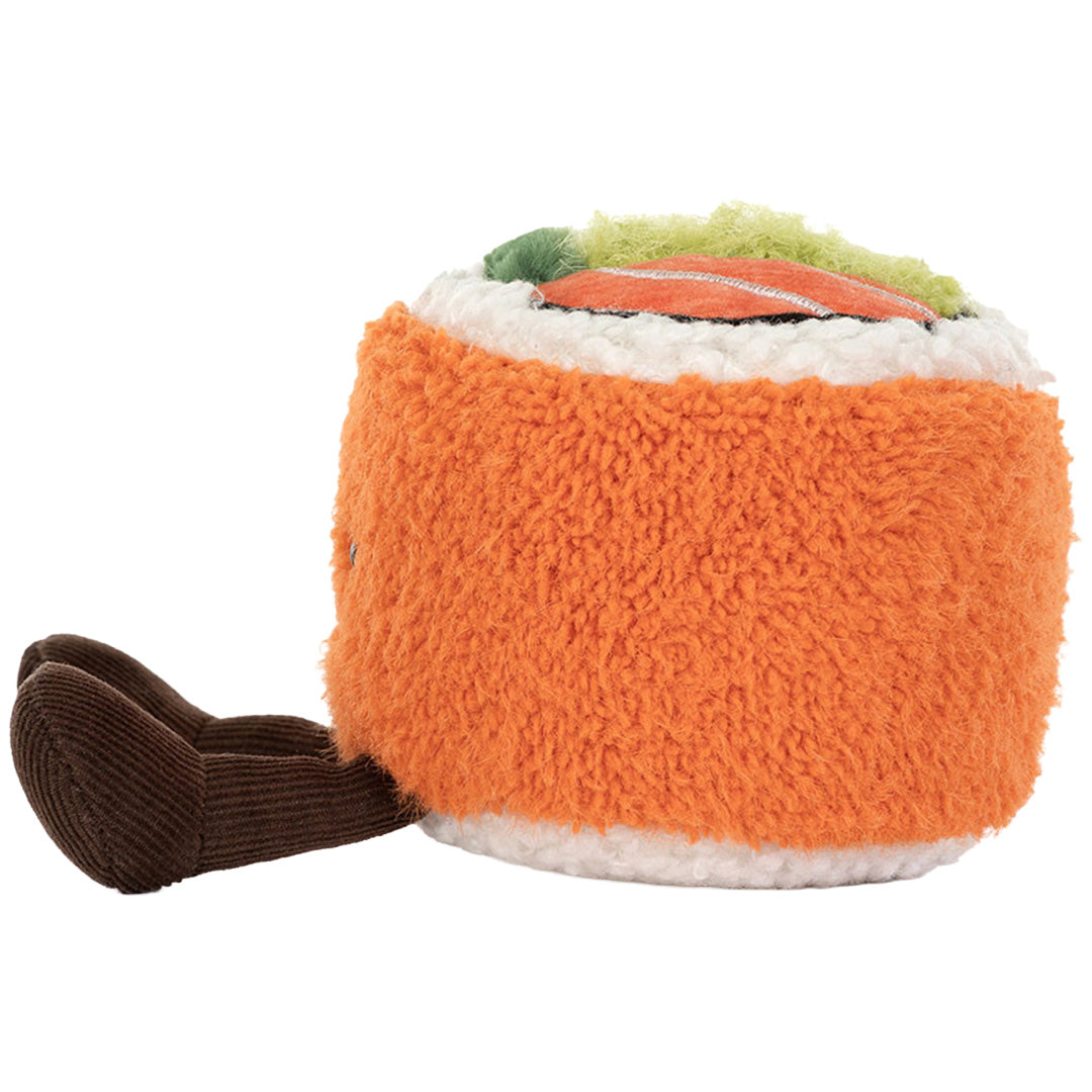 Jellycat knuffelsushi Californian roll met bruine benen, van de zijkant gezien.