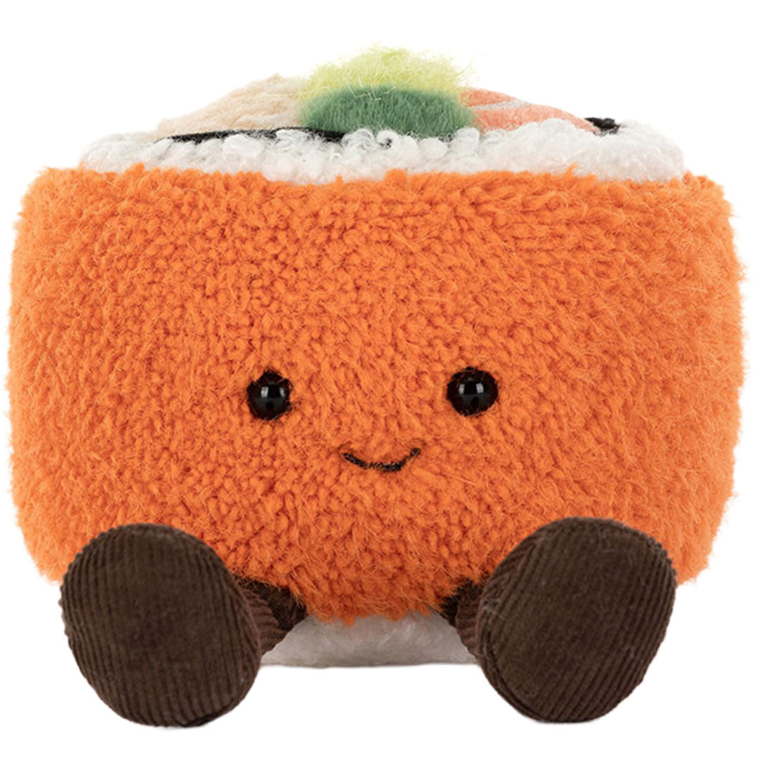Jellycat knuffelsushi Californian roll met gezichtje en benen, recht van voren gezien.