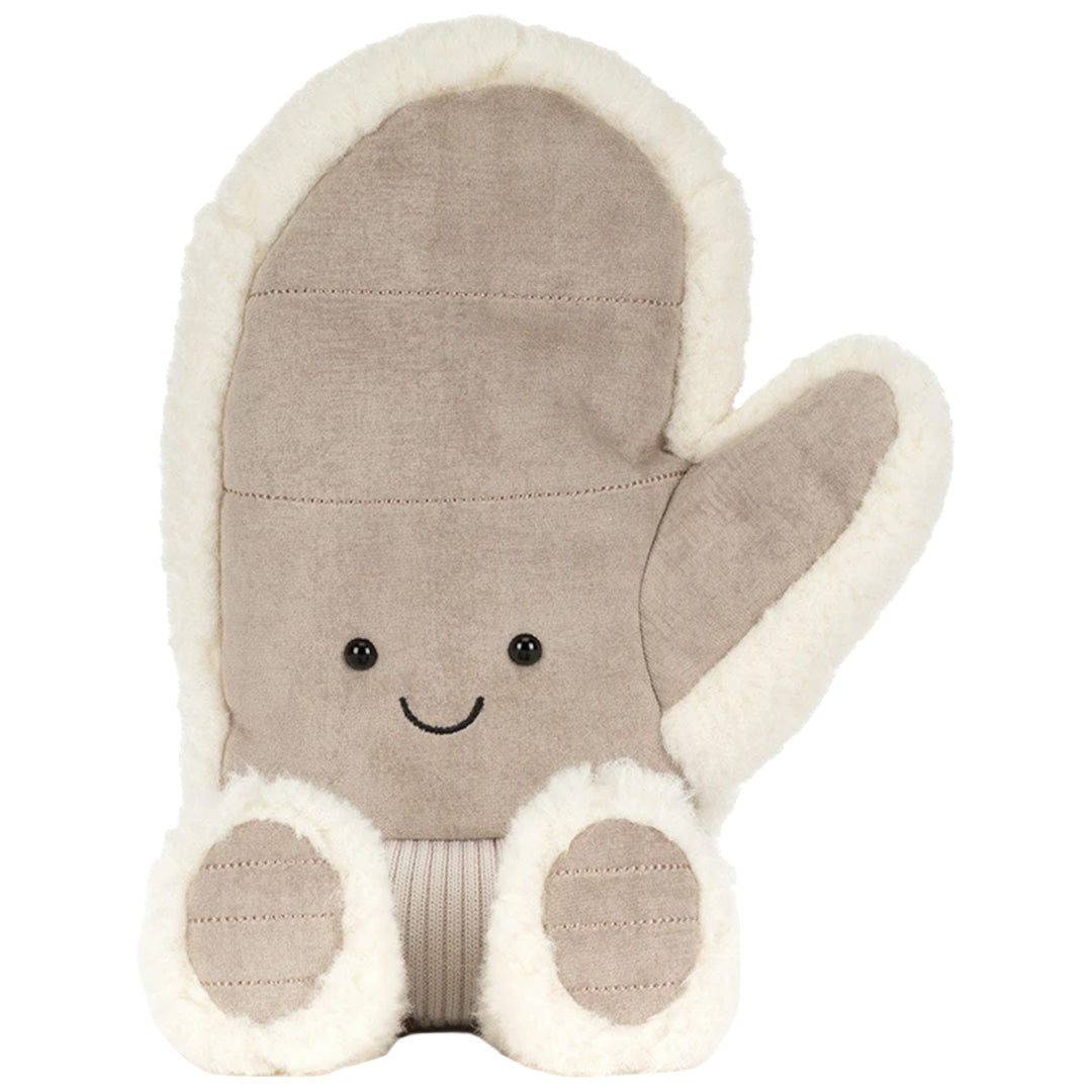 Jellycat pluchen winterwant knuffel met een vrolijk gezicht en pluizige voeten.