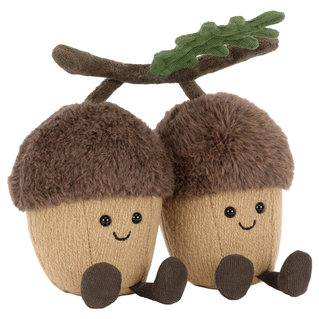 Jellycat pluchen speelgoed van twee lachende eikelnoten met een groene bladsteel, van voren gezien.