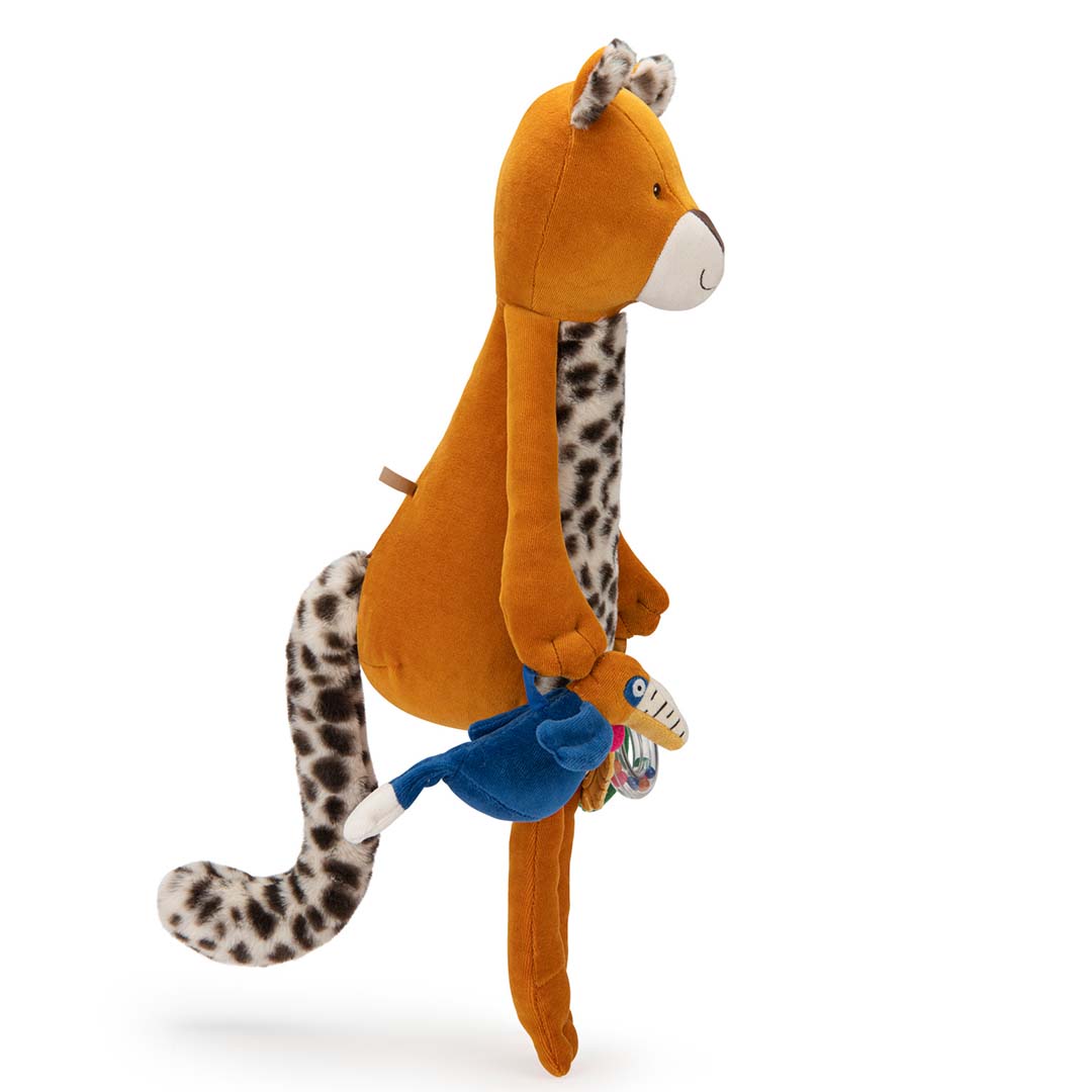 Moulin Roty activiteitsspeelgoed luipaard Taïgo hangt aan een lus, met een toekan en rammelaar.