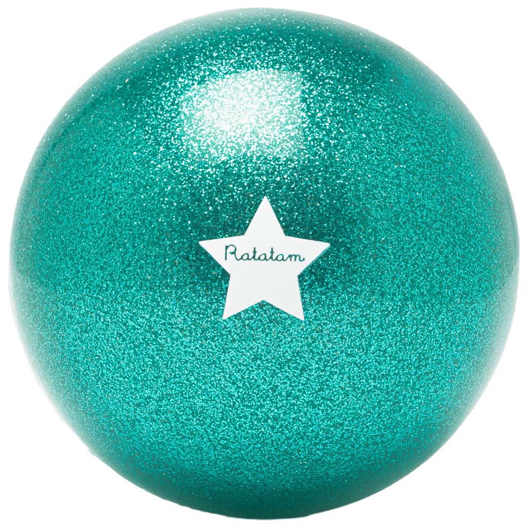Close-up van een Ratatam groene glitter speelbal met een witte ster.