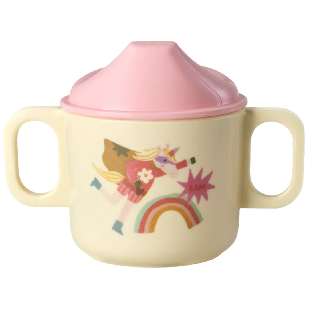 rice tuitbeker met roze deksel en een illustratie van een superheld eenhoorn en regenboog.