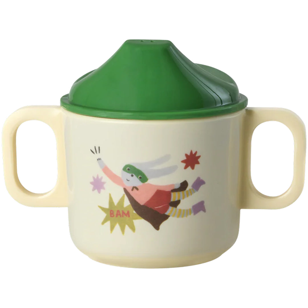 Rice tuitbeker met een vliegend superheldenkonijn en de tekst 'BAM', met een groen deksel.