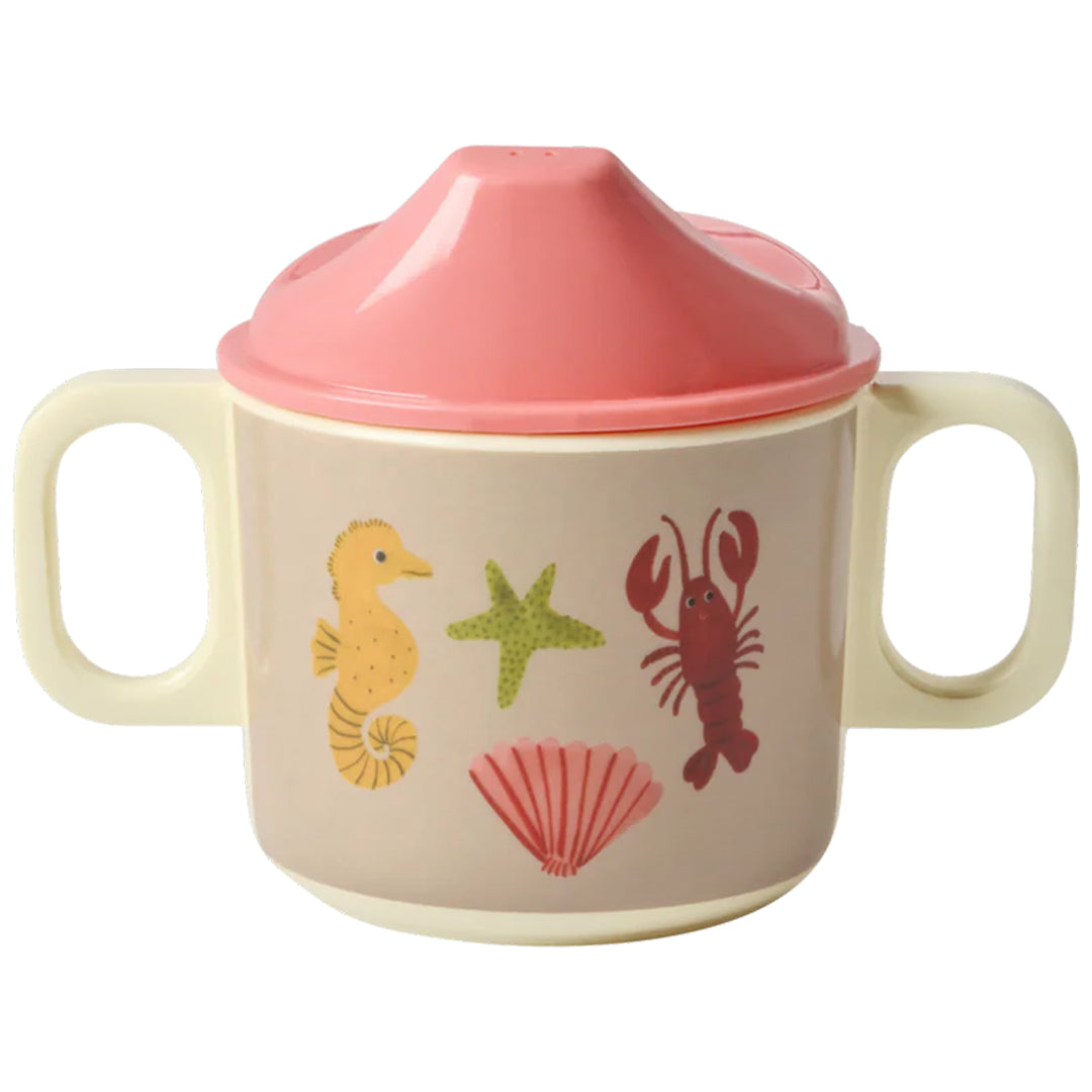 rice tuitbeker voor baby's en peuters met roze deksel en illustraties van zeedieren.