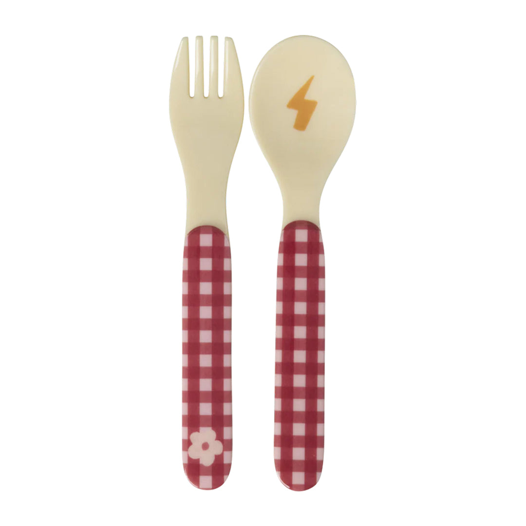 rice kinderbestekset met een rood-wit geruite vork en lepel, de lepel heeft een gele bliksemschicht.