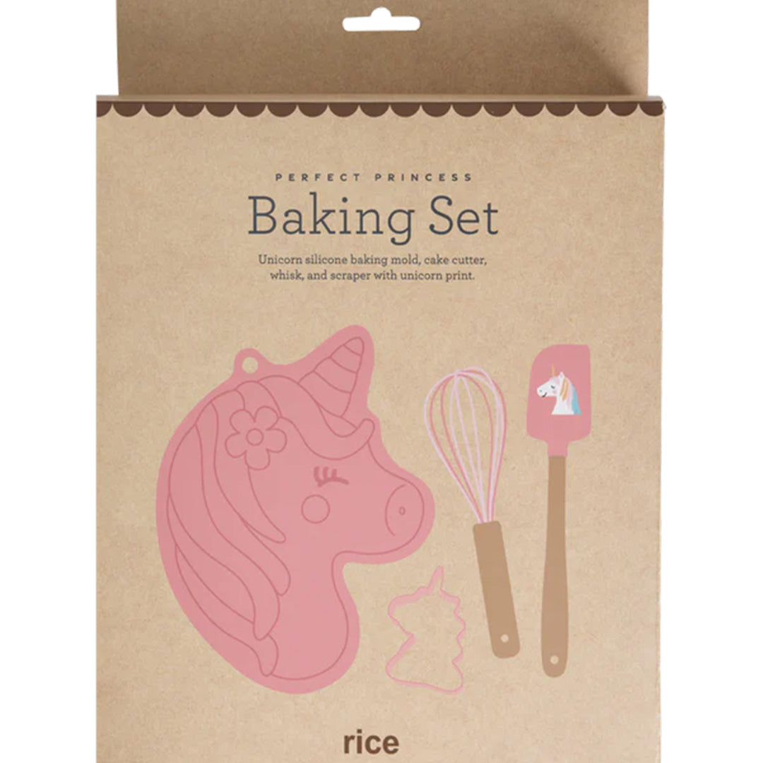 Verpakking van de rice Perfect Princess bakset met illustraties van een eenhoorn bakvorm, uitsteker, garde en spatel.