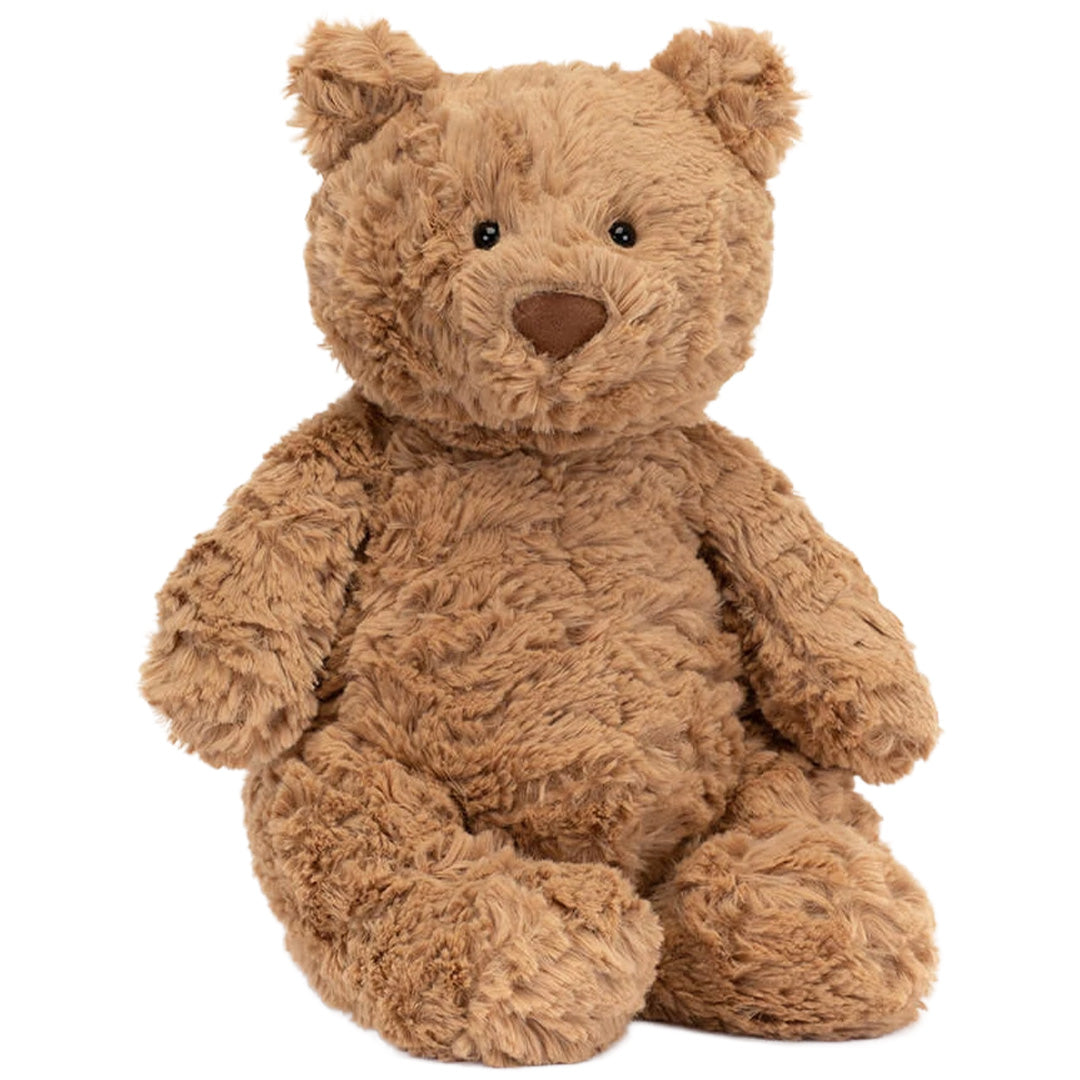 Jellycat knuffelbeer Bartholomew Huge, bruin en zittend, van voren gezien.