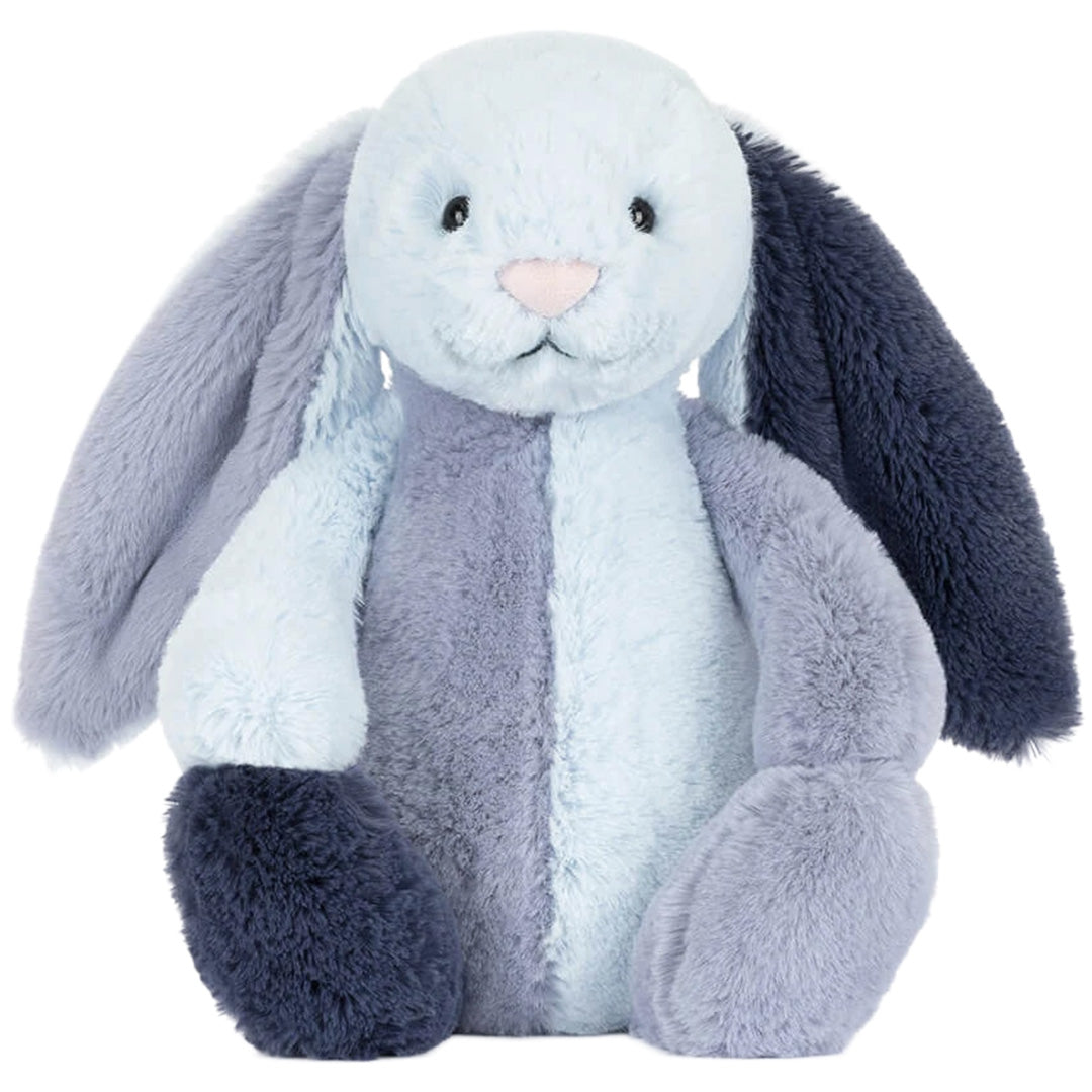 Jellycat pluchen knuffelkonijn in blauw- en grijstinten, van voren gezien.