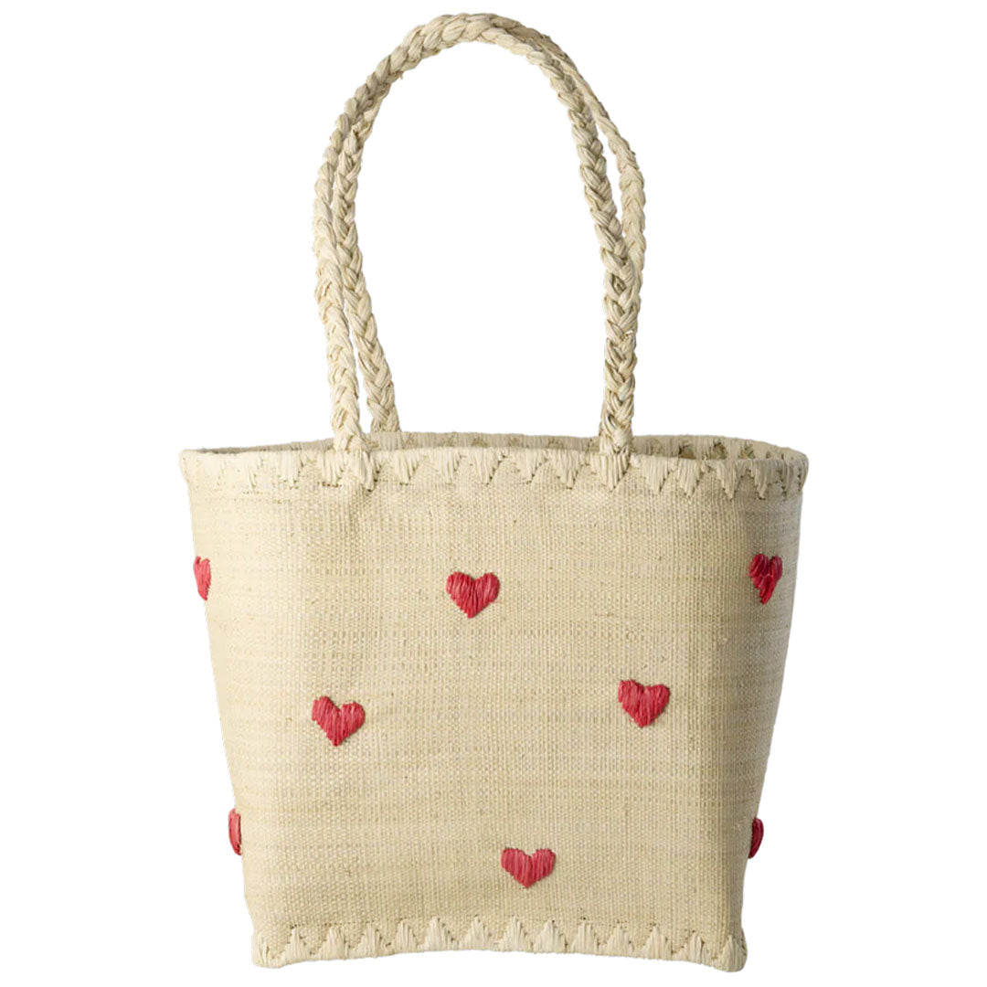 Rice kindertas van raffia met rode hartjes en gevlochten hengsels.