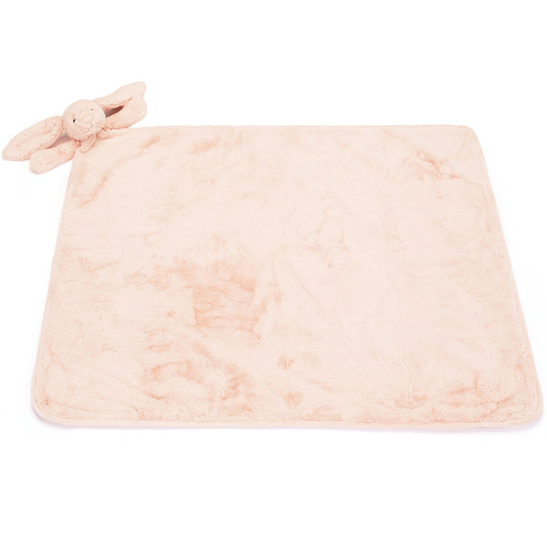 Jellycat roze knuffeldekentje met pluchen konijn, uitgevouwen op een witte ondergrond.
