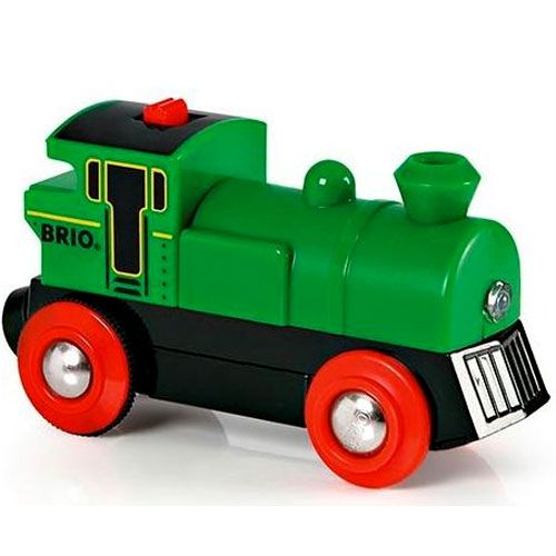 Brio groene plastic speelgoedlocomotief met rode wielen.