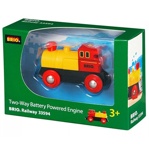 Verpakking van de Brio speelgoedlocomotief, een groene doos met kijkvenster.