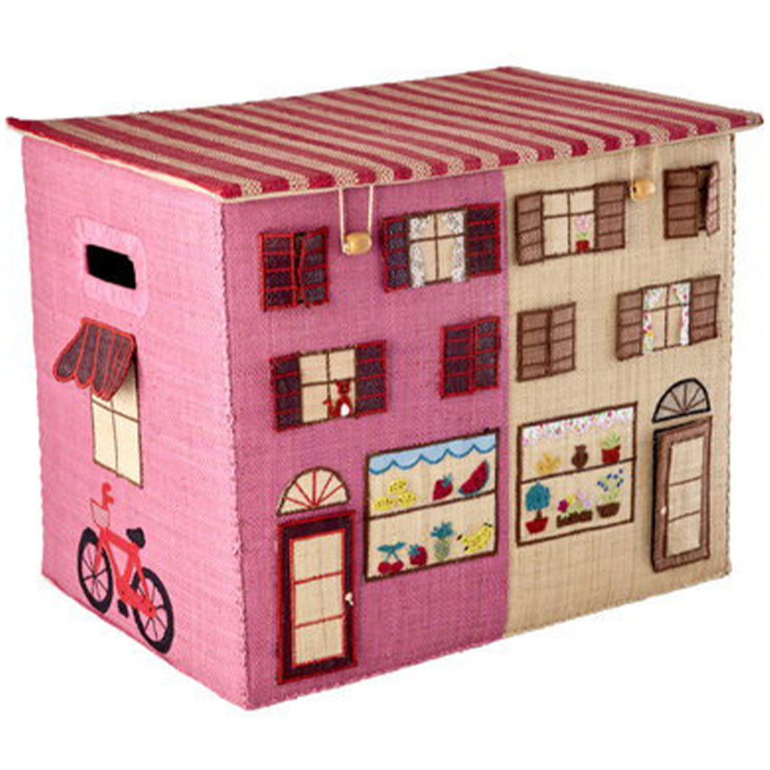 Rice opbergmand met Parijs thema in de vorm van een roze en beige huis met ramen, deuren en een gestreept dak.