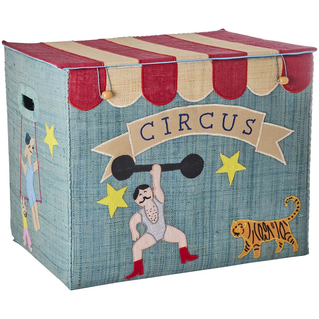 rice raffia opbergmand met circus thema, met een sterke man, tijger en trapeze artiest.