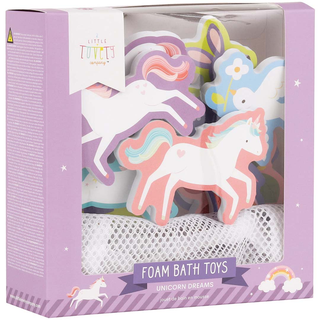 De verpakking van a little lovely company schuim badspeelgoed 'Unicorn Dreams' met eenhoorns en andere figuren zichtbaar.