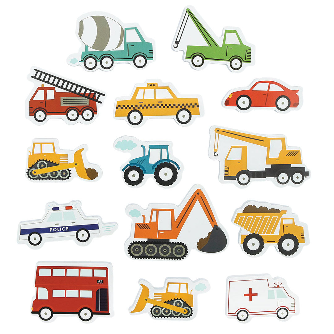 Een collectie a little lovely company schuim badfiguren in de vorm van diverse voertuigen.