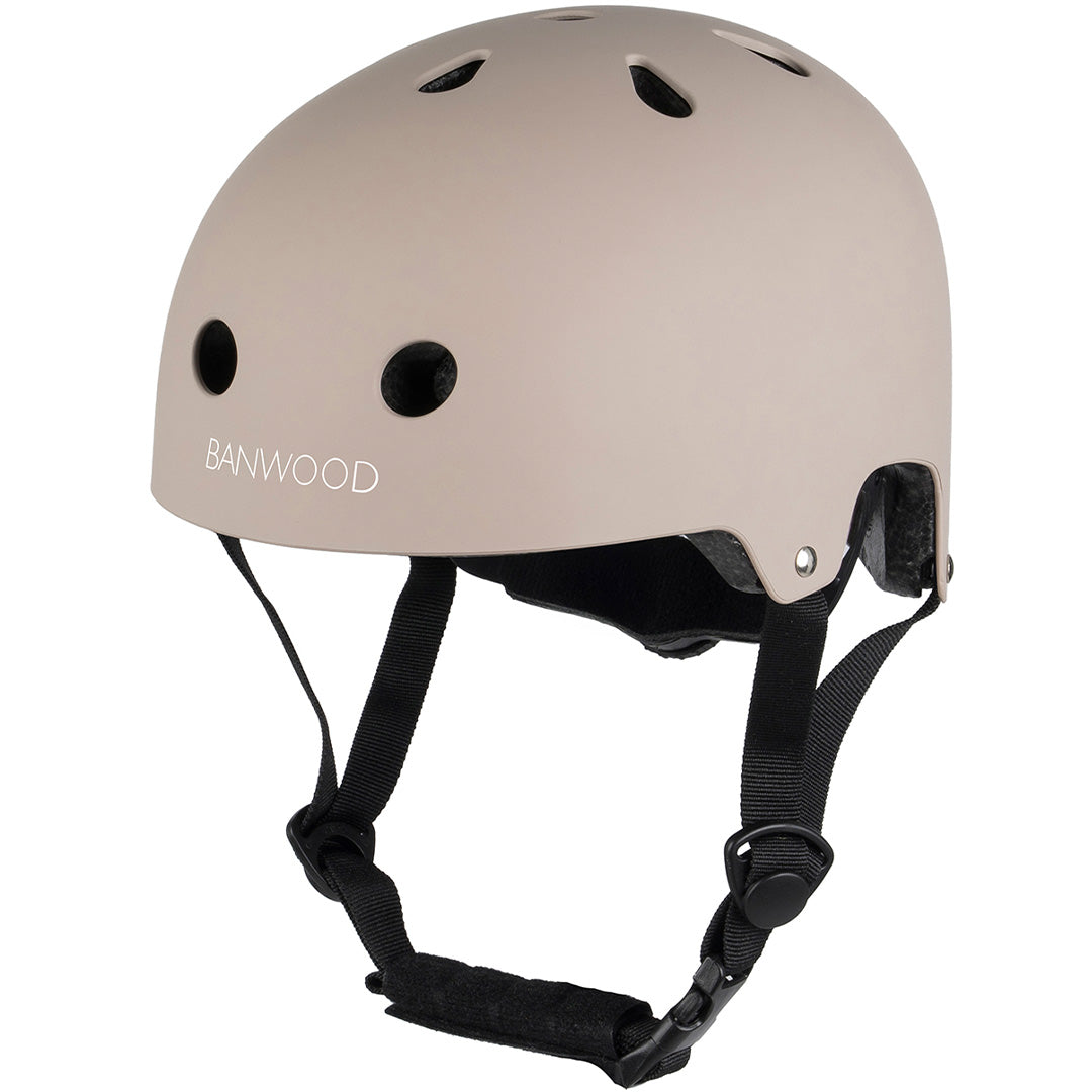 Banwood kinderhelm in matbeige met zwarte bandjes.