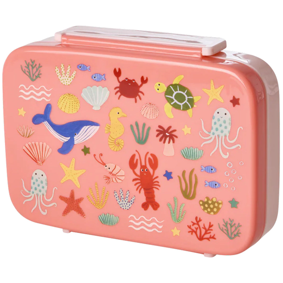 Rice roze kinderbroodtrommel met oceaan dieren en koraal patroon.