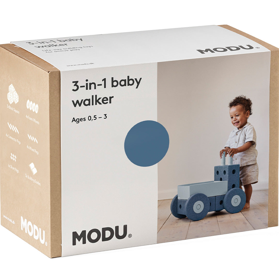 De verpakking van de modu 3-in-1 baby walker, met een afbeelding van een baby met de loopwagen.