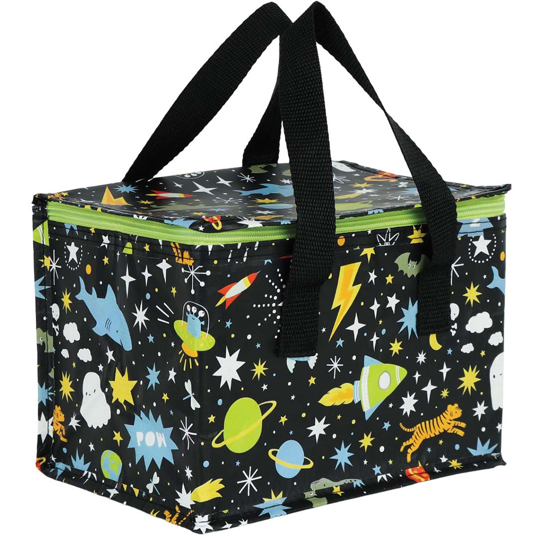 a little lovely company koeltas met galaxy patroon van sterren, voertuigen en dieren.
