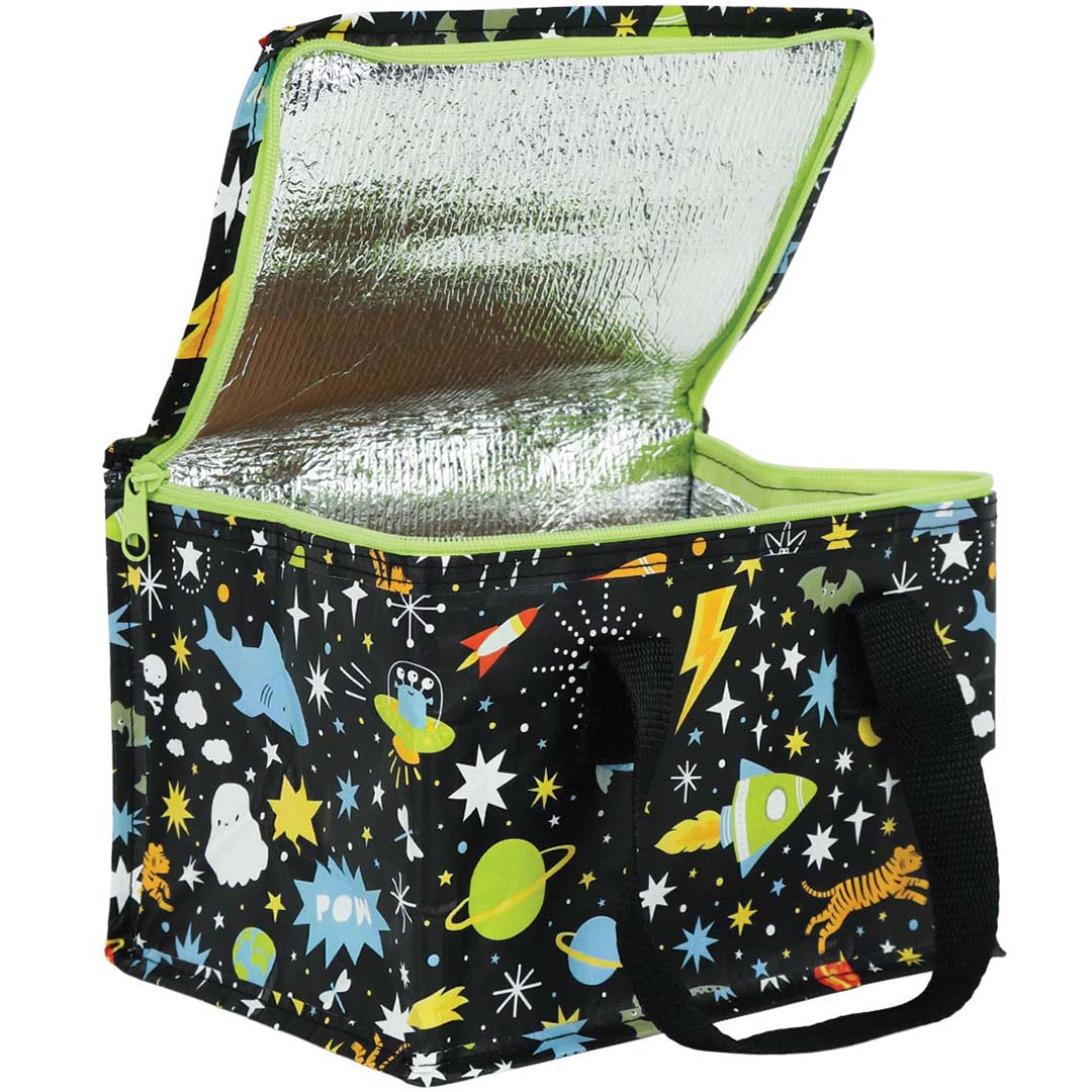Open a little lovely company koeltas met galaxy patroon, met zicht op de zilveren isolerende binnenkant.