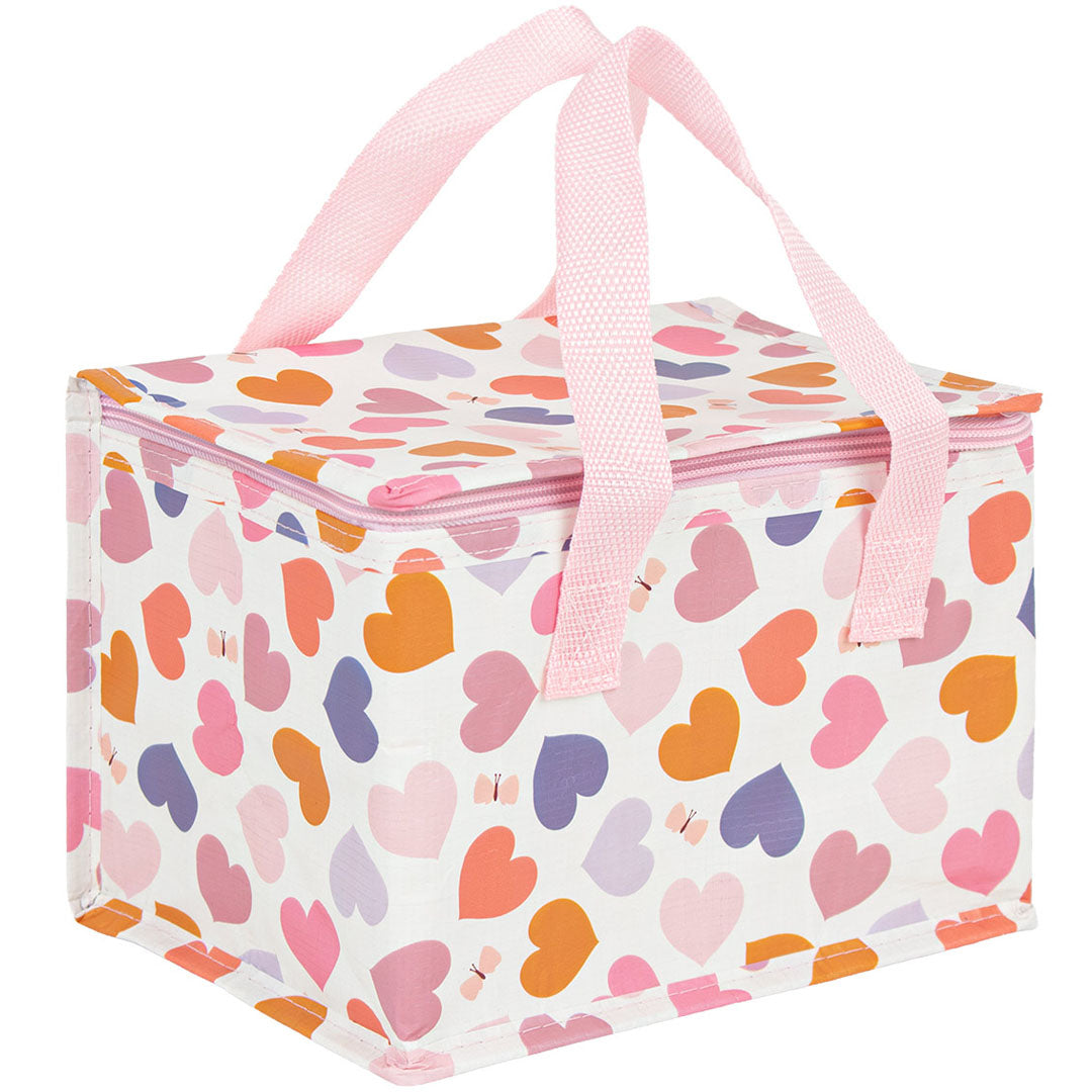 A little lovely company koeltas met veelkleurig hartjespatroon en roze hengsels.