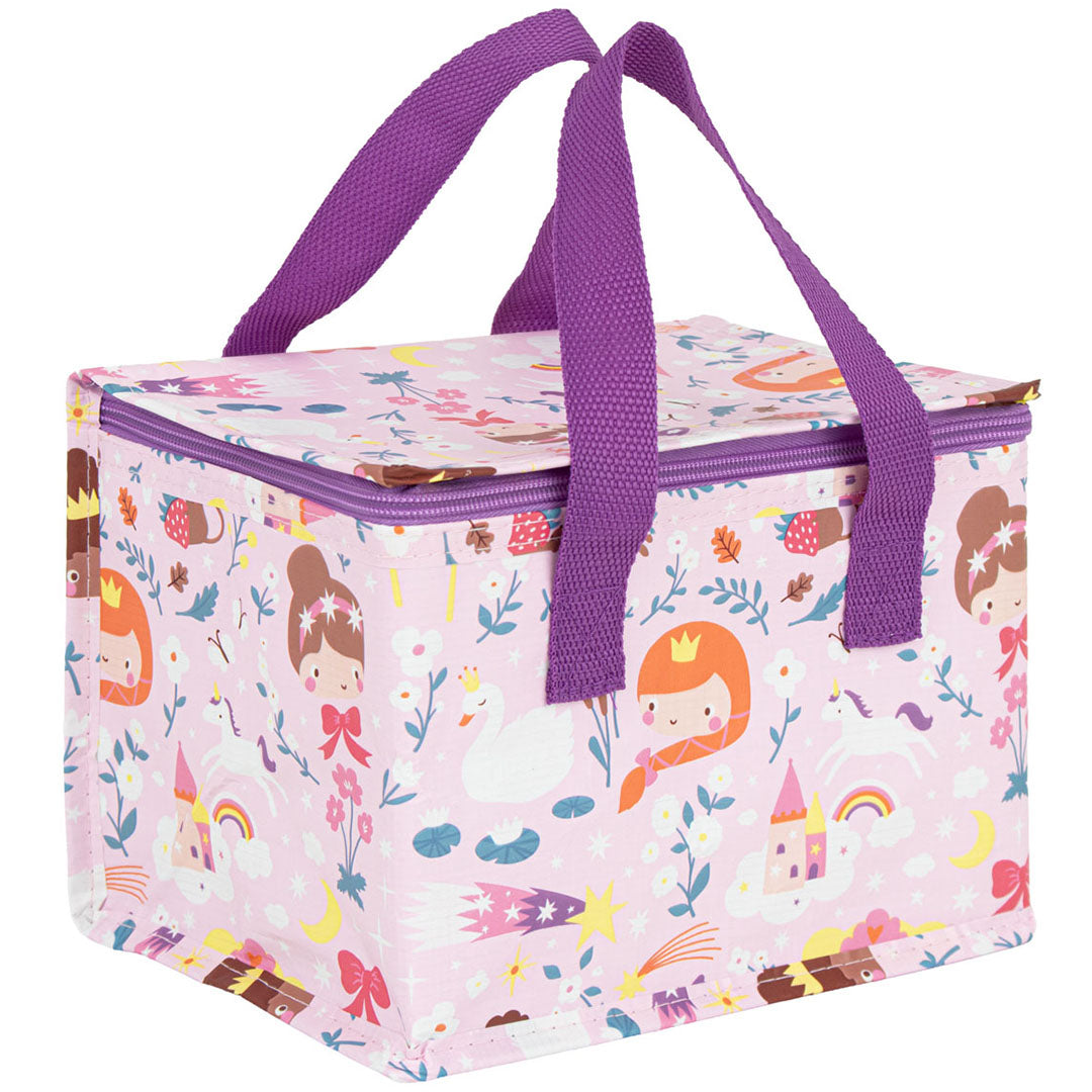 a little lovely company roze koeltas met prinsessenpatroon en paarse handvatten.