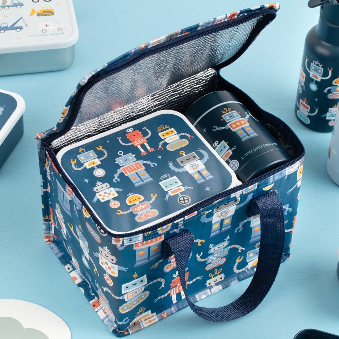 Open a little lovely company koeltas met robotfiguren, met daarin een bijpassende lunchbox en drinkfles.