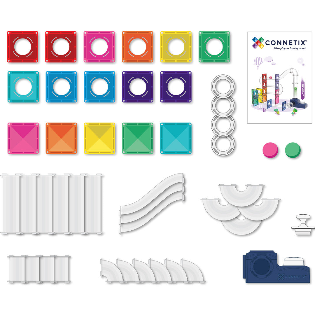 Alle losse onderdelen van de Connetix magnetische tegels knikkerbaan lanceerset, inclusief tegels, buizen en ballen.