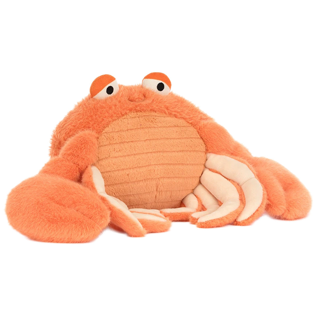 Jellycat pluchen krab knuffel, schuin van voren gezien.