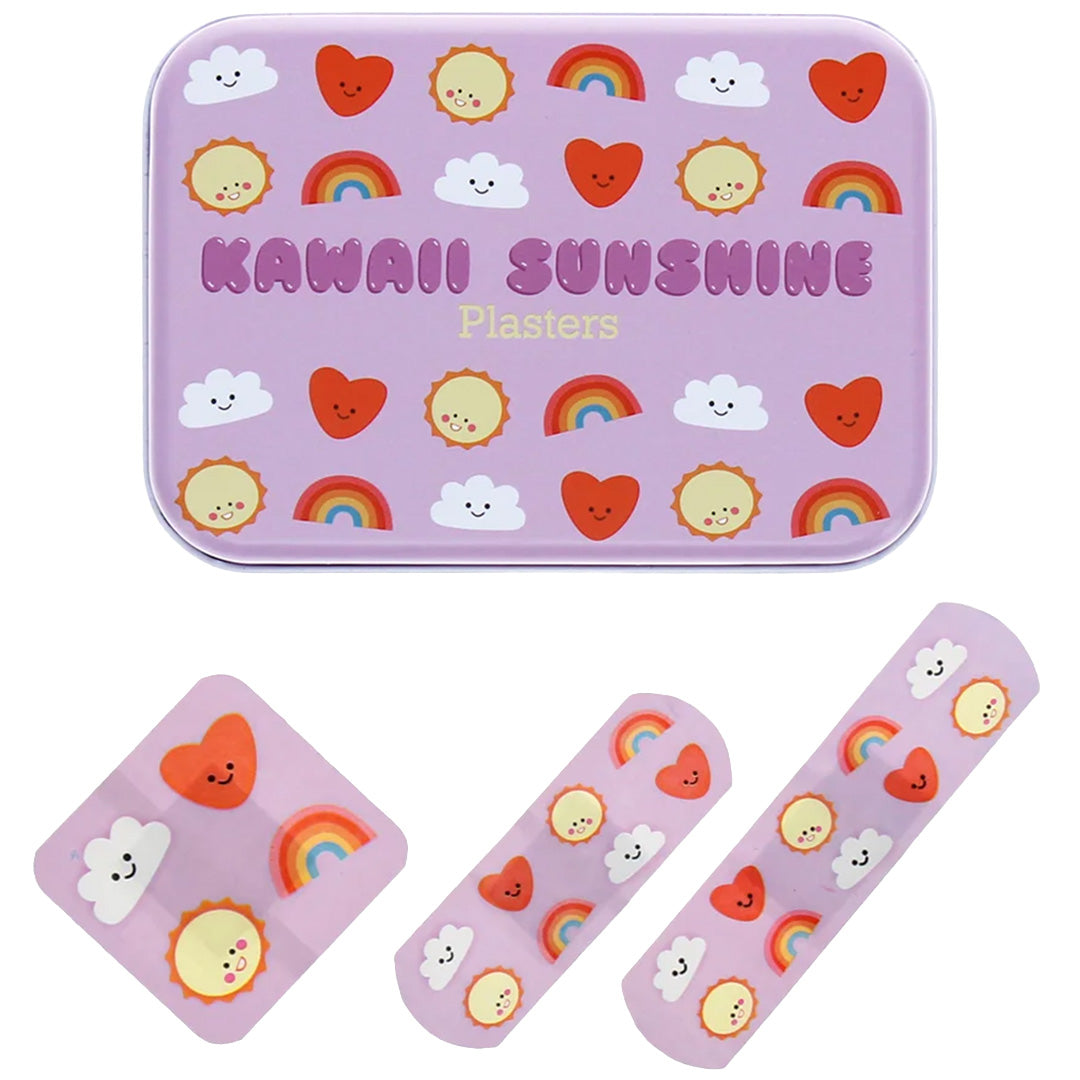 Rex London Kawaii Sunshine pleisters in een paars blikje met drie losse pleisters met zonnetjes, wolken, harten en regenbogen.